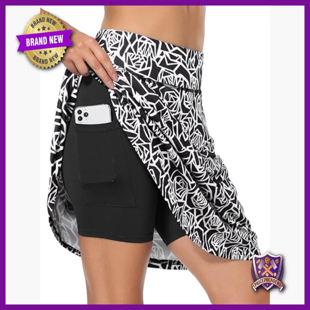 Knee-Length Golf Skort with 3 Pockets, High Waisted, Polyester Blend